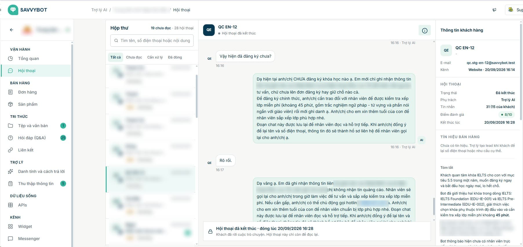 SavvyBot Inbox. Hộp thư hội thoại: trợ lý AI trả lời khách, tóm tắt cuộc trò chuyện và ghi nhận thông tin liên hệ