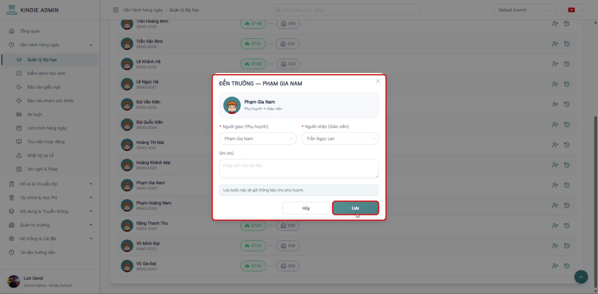 Popup xác nhận đến trường