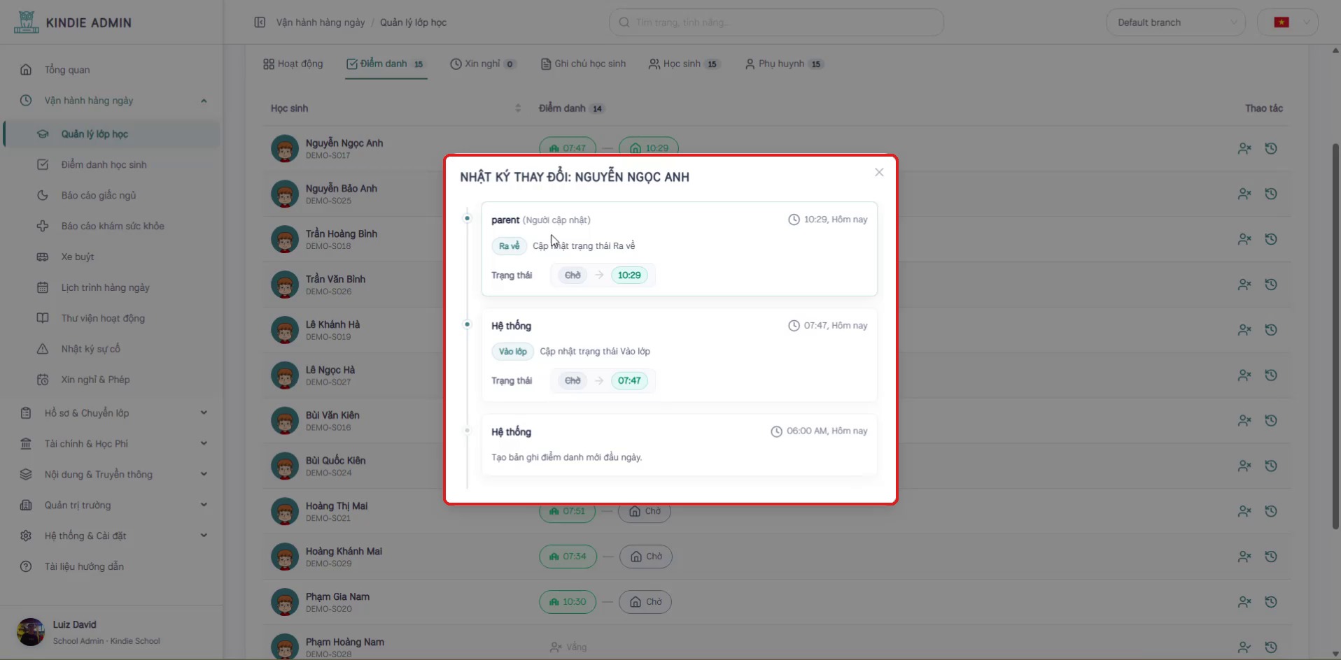 Popup nhật ký thay đổi