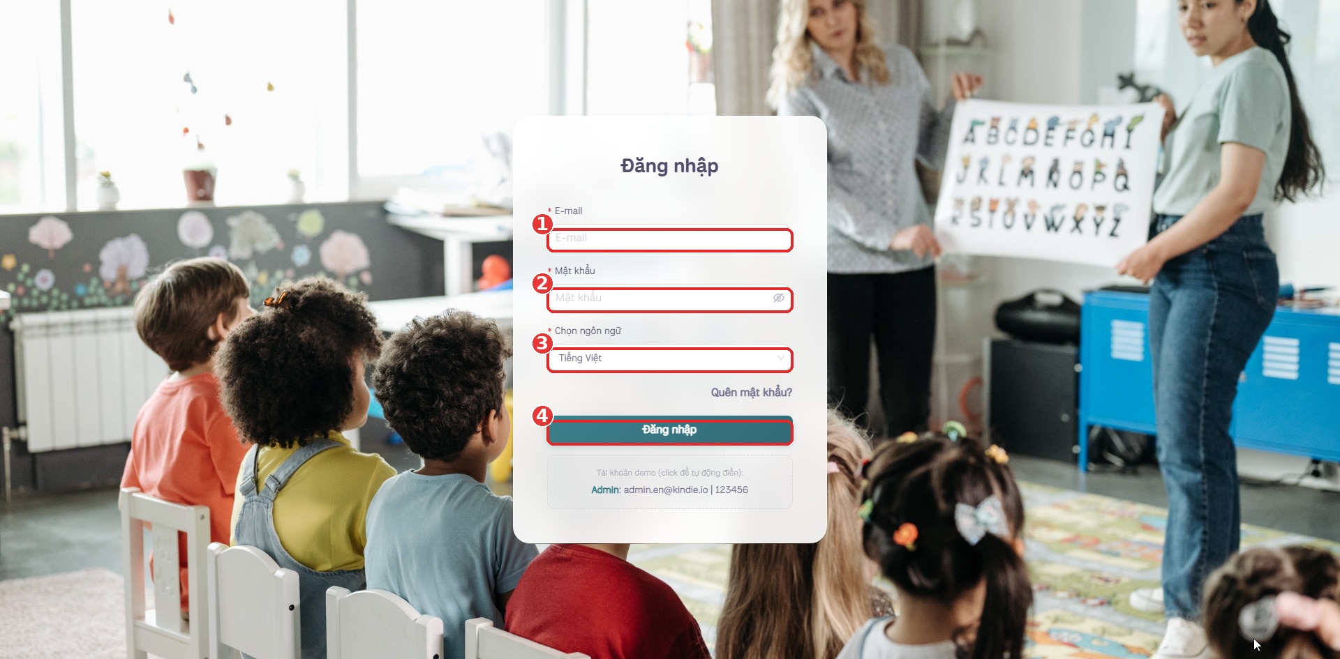 Màn hình đăng nhập Web Admin — chú thích 4 thành phần chính
