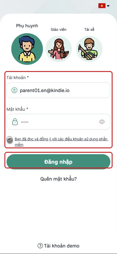 Form đăng nhập đã điền đầy đủ