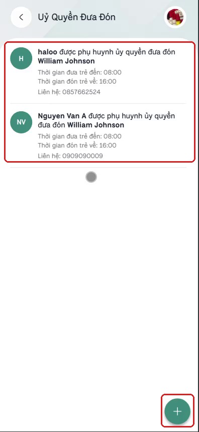 Danh sách ủy quyền đưa đón và nút tạo mới