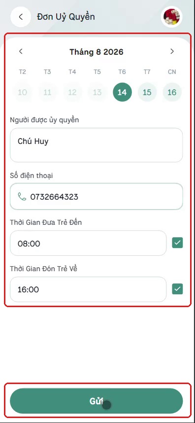 Form Đơn Uỷ Quyền — chọn ngày, tên, số điện thoại, giờ đưa đón