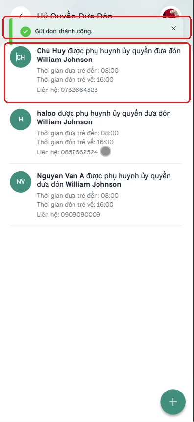 Thông báo gửi đơn thành công và ủy quyền mới trong danh sách
