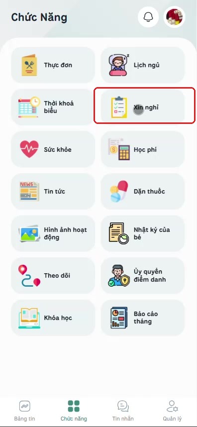 Bấm vào Xin nghỉ trong lưới Chức năng