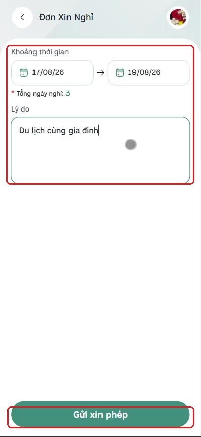 Form Đơn Xin Nghỉ đã điền khoảng thời gian và lý do
