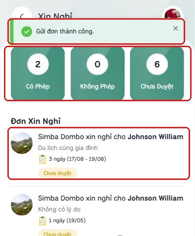 Thông báo gửi đơn thành công và đơn mới xuất hiện đầu danh sách
