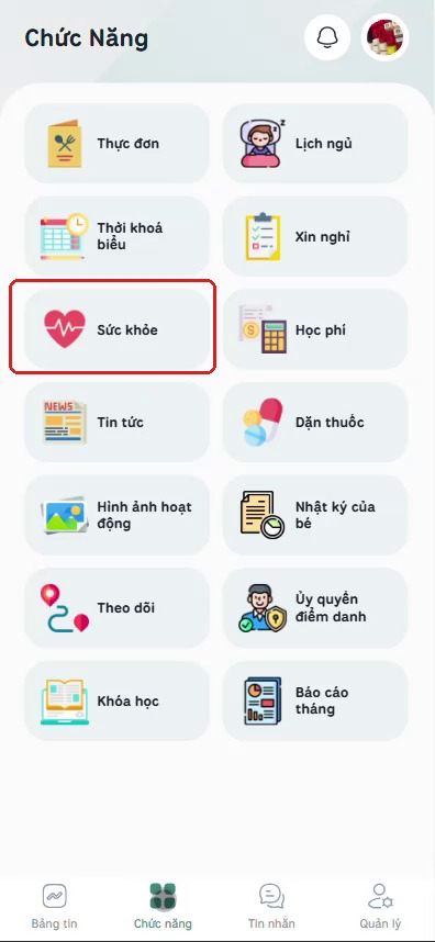 Bấm vào Sức khỏe trong lưới Chức năng