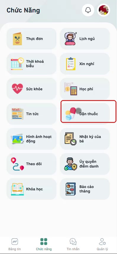 Chạm biểu tượng Dặn thuốc trong màn hình Chức năng