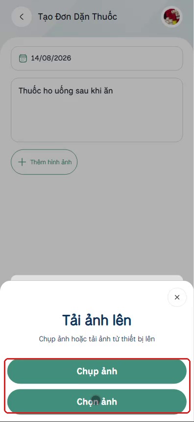 Hộp thoại Tải ảnh lên với 2 lựa chọn Chụp ảnh/Chọn ảnh
