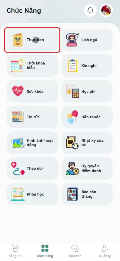 Bấm vào Thực đơn trong lưới Chức năng