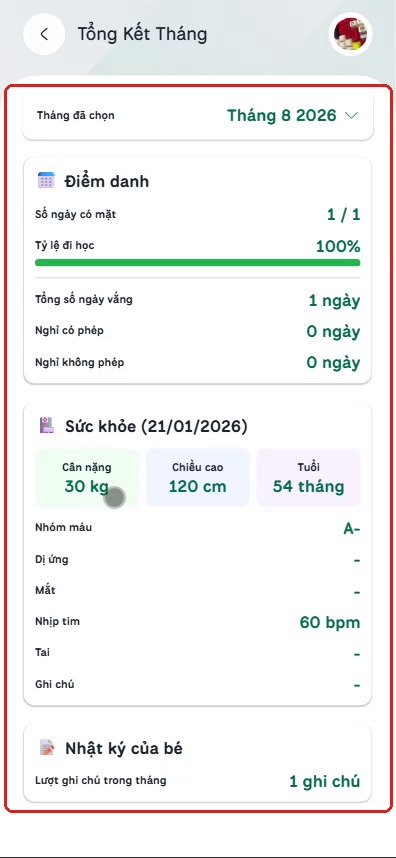 Màn hình Tổng Kết Tháng gồm khối Điểm danh, Sức khỏe và Nhật ký của bé