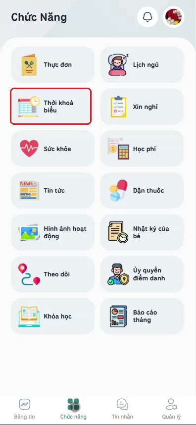 Chọn Thời khoá biểu trong lưới Chức năng