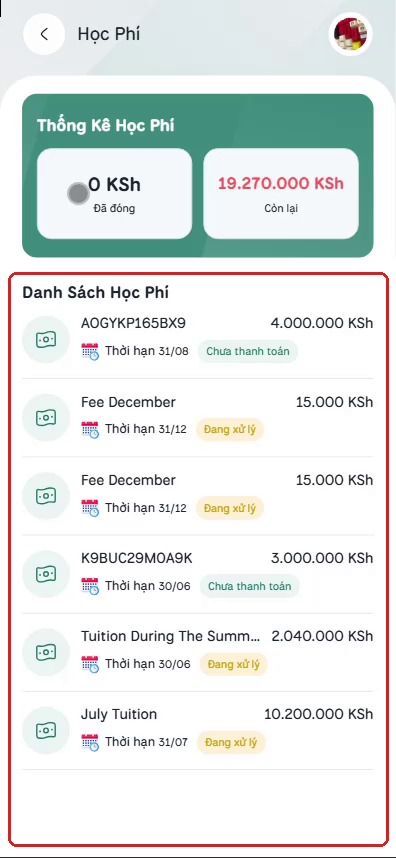 Danh sách học phí với trạng thái từng khoản