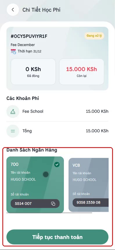 Chọn ngân hàng trong màn hình Chi tiết học phí