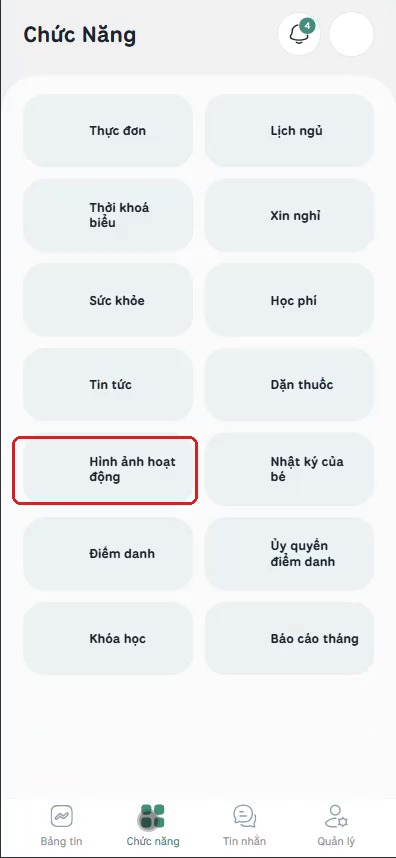 Chọn mục Hình ảnh hoạt động trong màn hình Chức năng