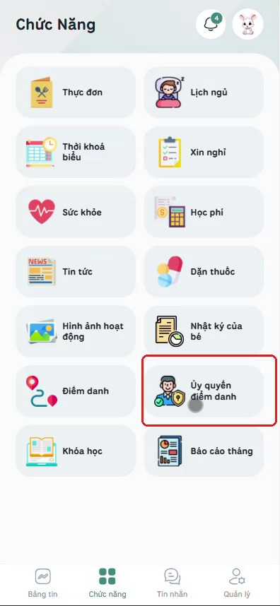 Chọn Ủy quyền điểm danh trong lưới Chức năng