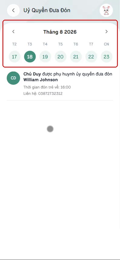 Dải chọn ngày trong tháng của màn hình Ủy quyền đưa đón
