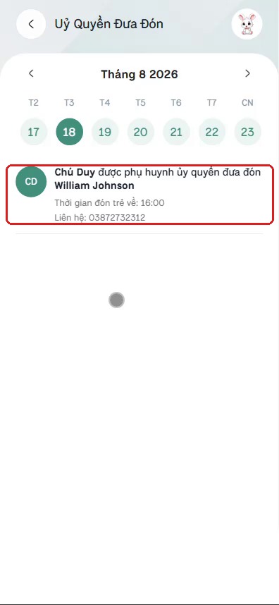 Thông tin người được ủy quyền đưa đón hiển thị theo ngày