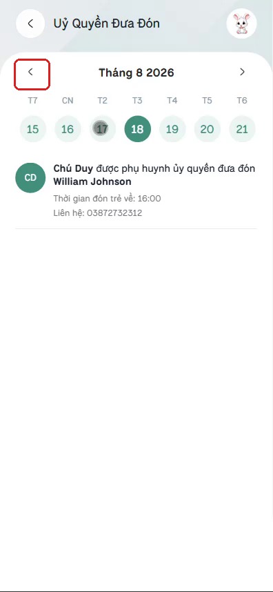 Chuyển tuần trong dải chọn ngày của màn hình Ủy quyền đưa đón
