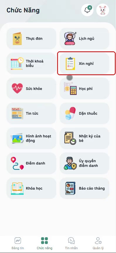 Bấm vào Xin nghỉ trong lưới Chức năng