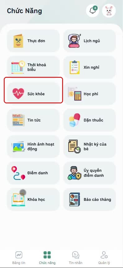 Bấm vào Sức khỏe trong lưới Chức năng