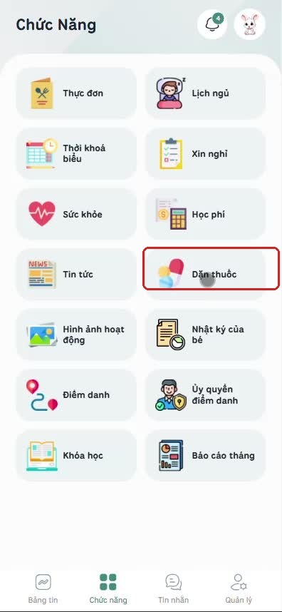 Chạm biểu tượng Dặn thuốc trong màn hình Chức năng