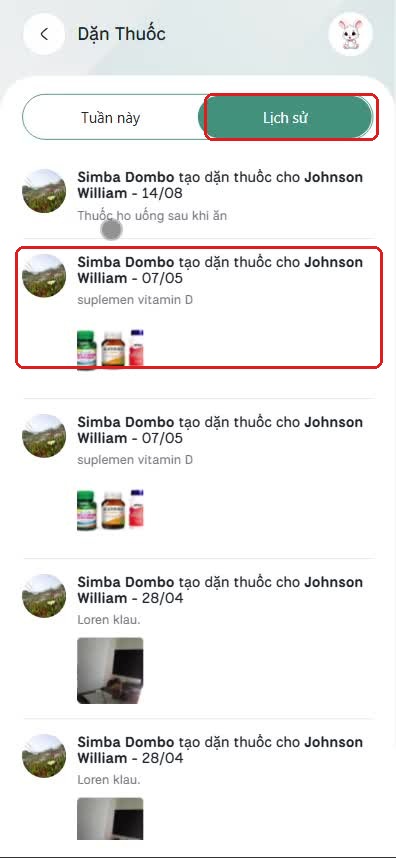Tab Lịch sử với danh sách đơn dặn thuốc kèm ảnh đính kèm