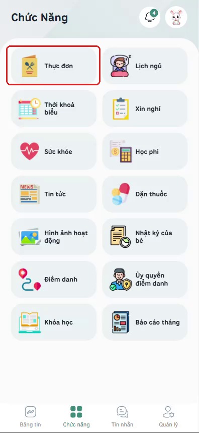 Bấm vào Thực đơn trong lưới Chức năng