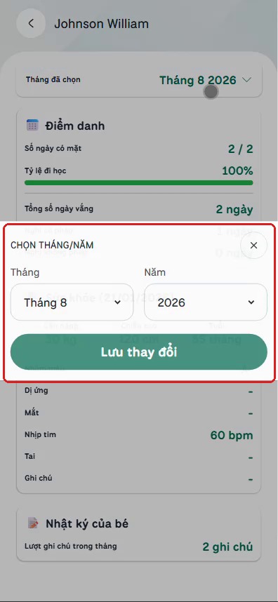 Chọn tháng/năm để xem báo cáo tháng khác của học sinh