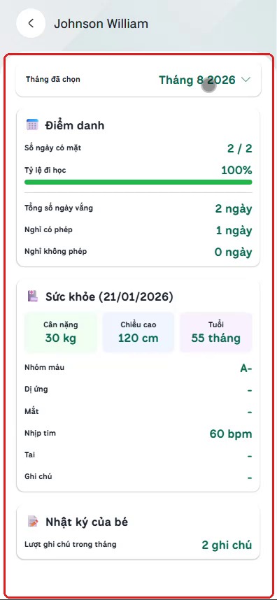 Màn hình báo cáo tháng của học sinh gồm khối Điểm danh, Sức khỏe và Nhật ký của bé