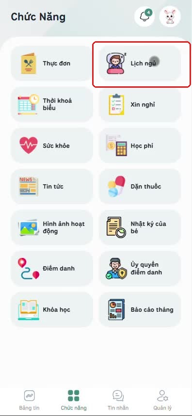 Bấm vào Lịch ngủ trong lưới Chức năng