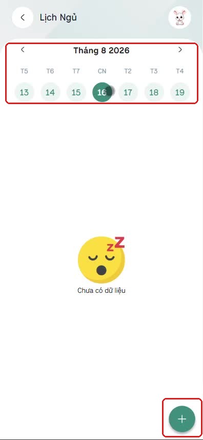 Dải chọn ngày và trạng thái Chưa có dữ liệu trong Lịch Ngủ