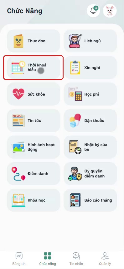 Chọn Thời khoá biểu trong lưới Chức năng