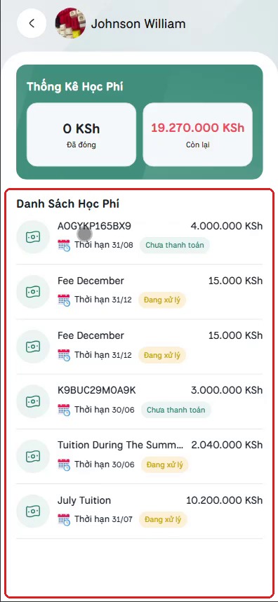 Thống kê học phí và danh sách các khoản phí của một học sinh