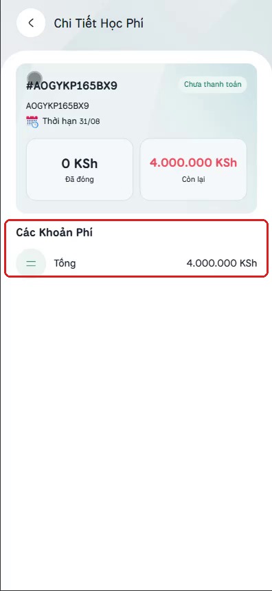 Chi tiết một khoản học phí với bảng các khoản phí bên trong