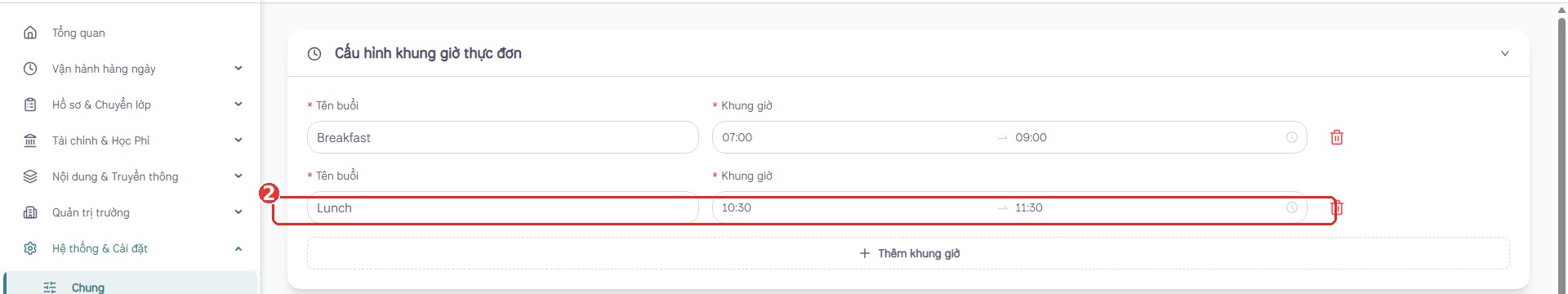 Cấu hình khung giờ thực đơn