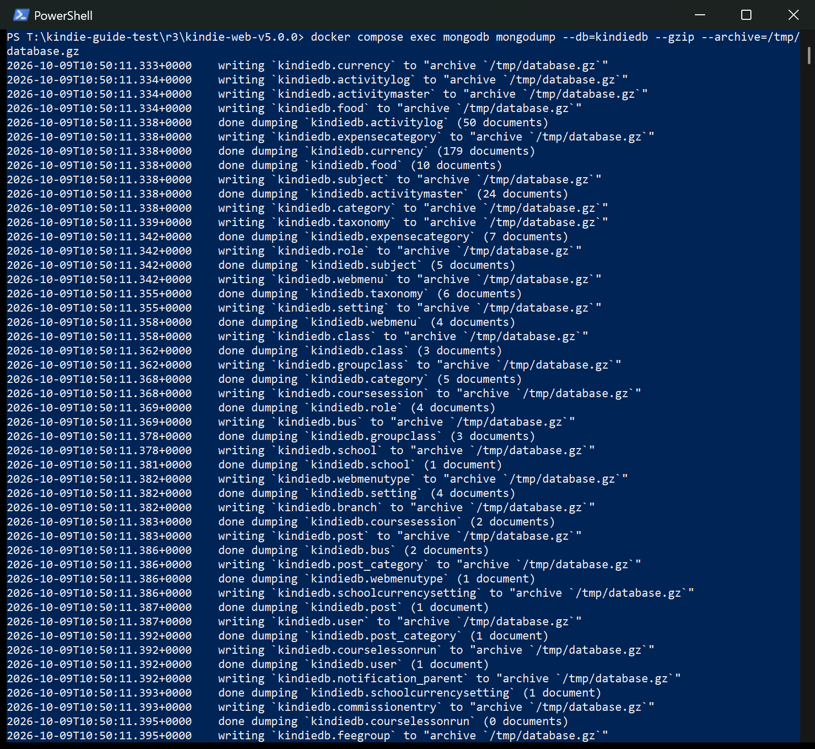 Backup: dump the database, command