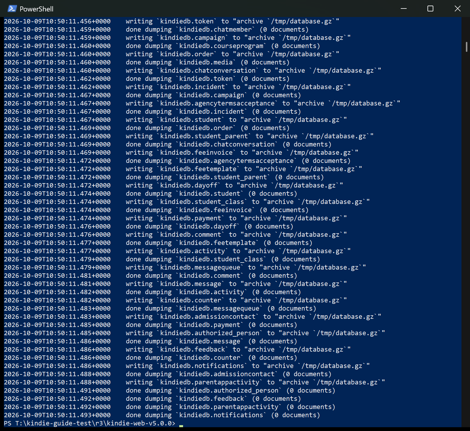Backup: dump the database, result