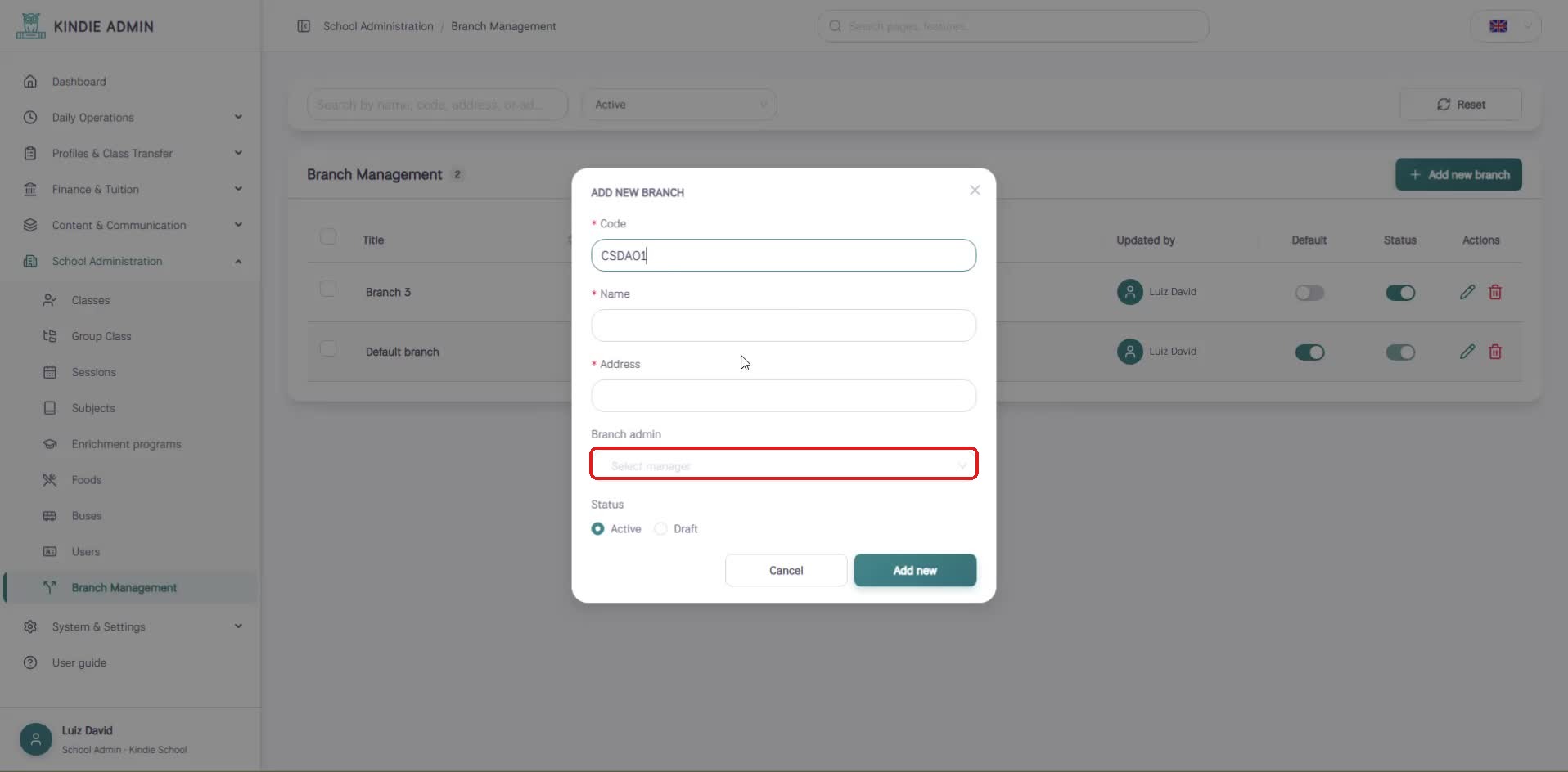 Branch Management screen