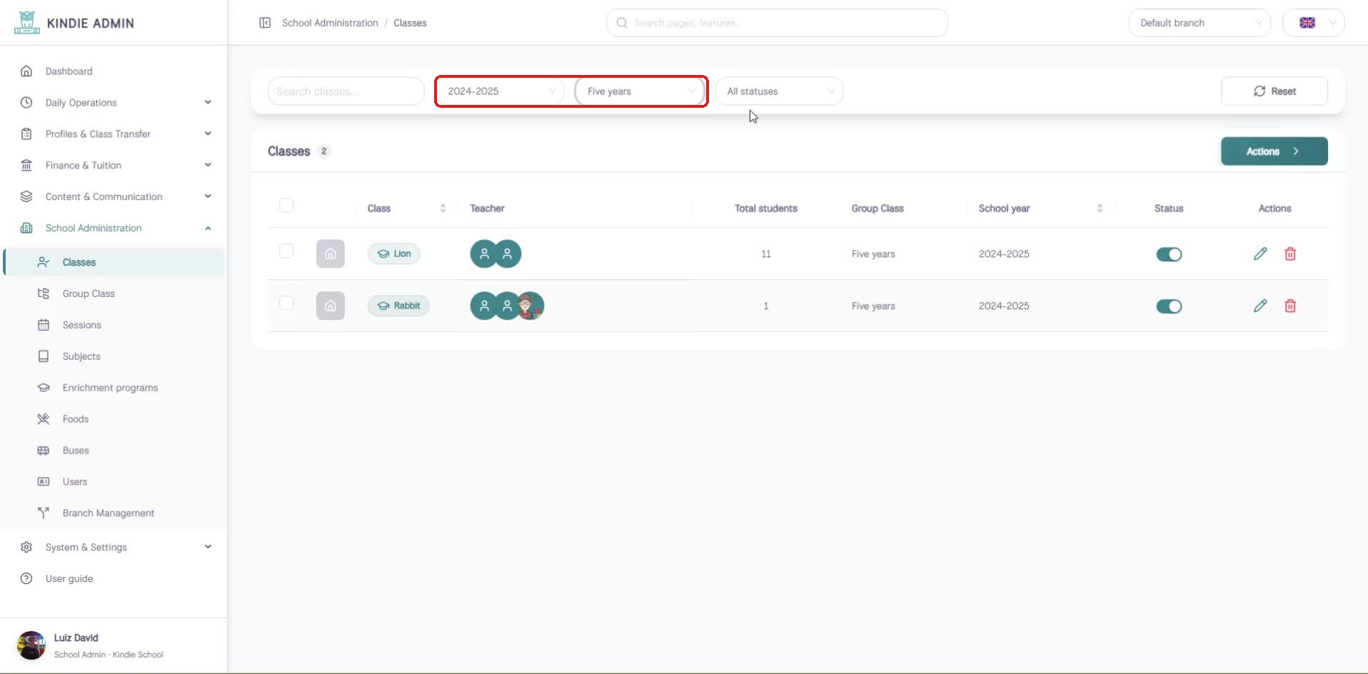Classes screen