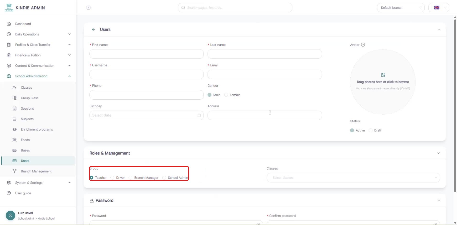 Users screen — Add/edit user form