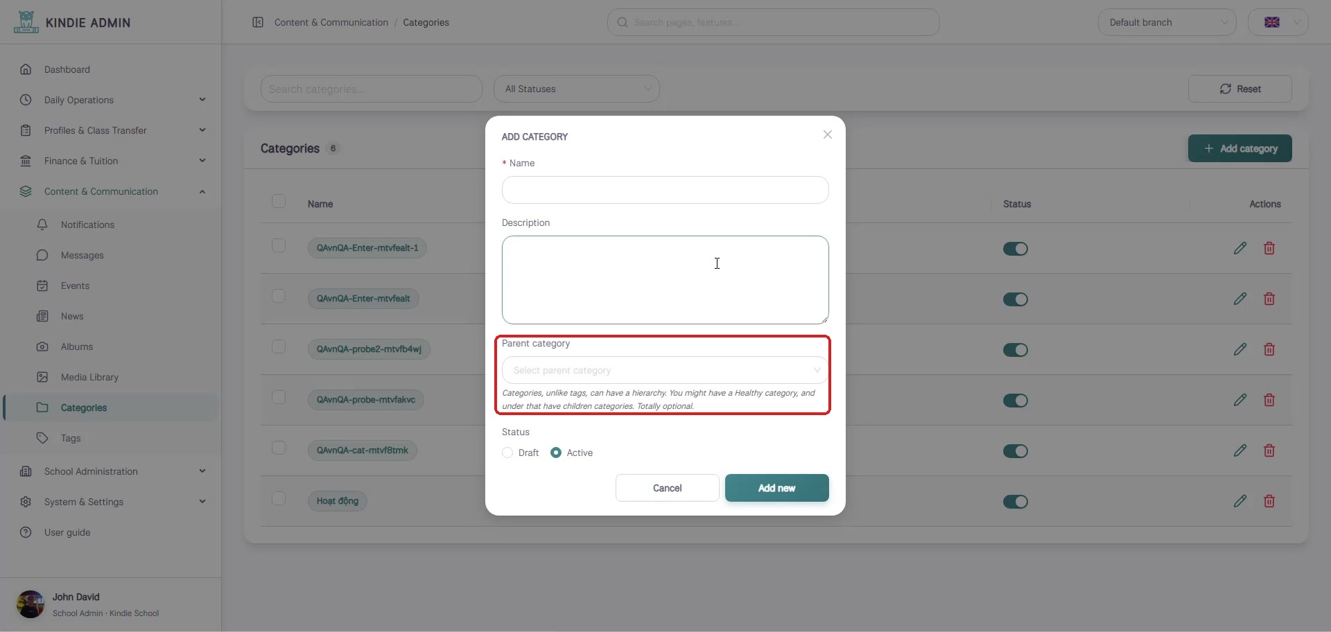 Add Category dialog