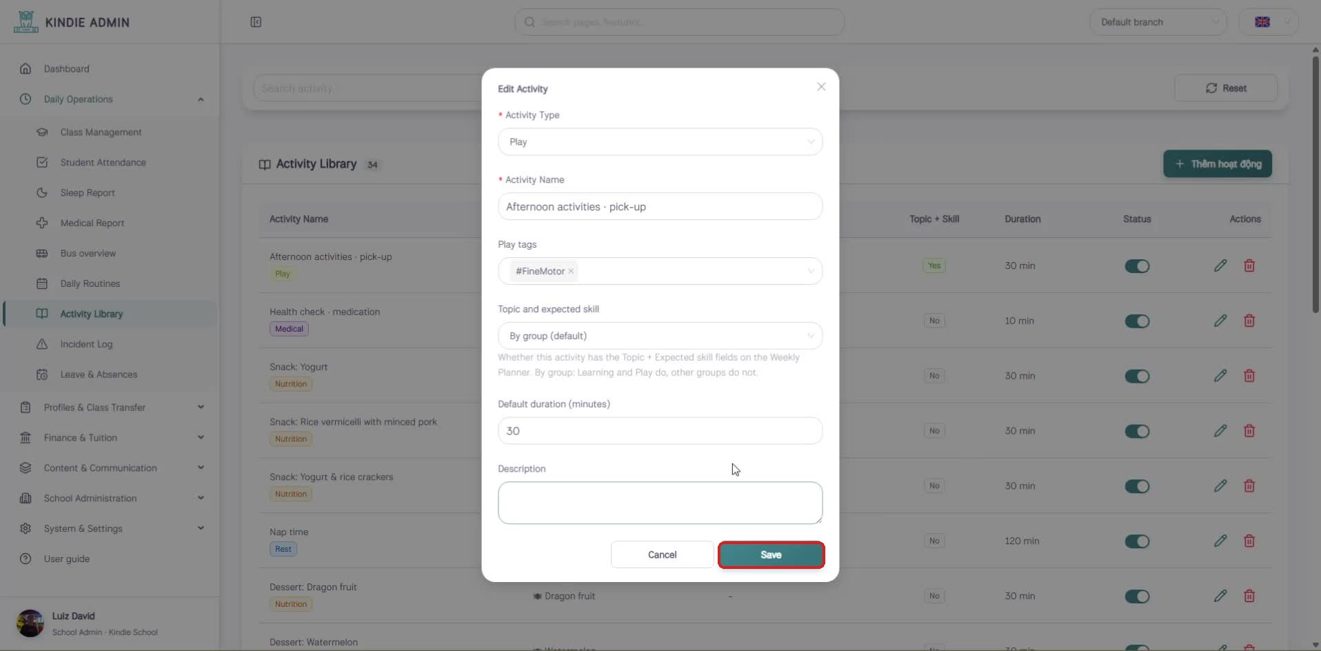 Edit Activity dialog