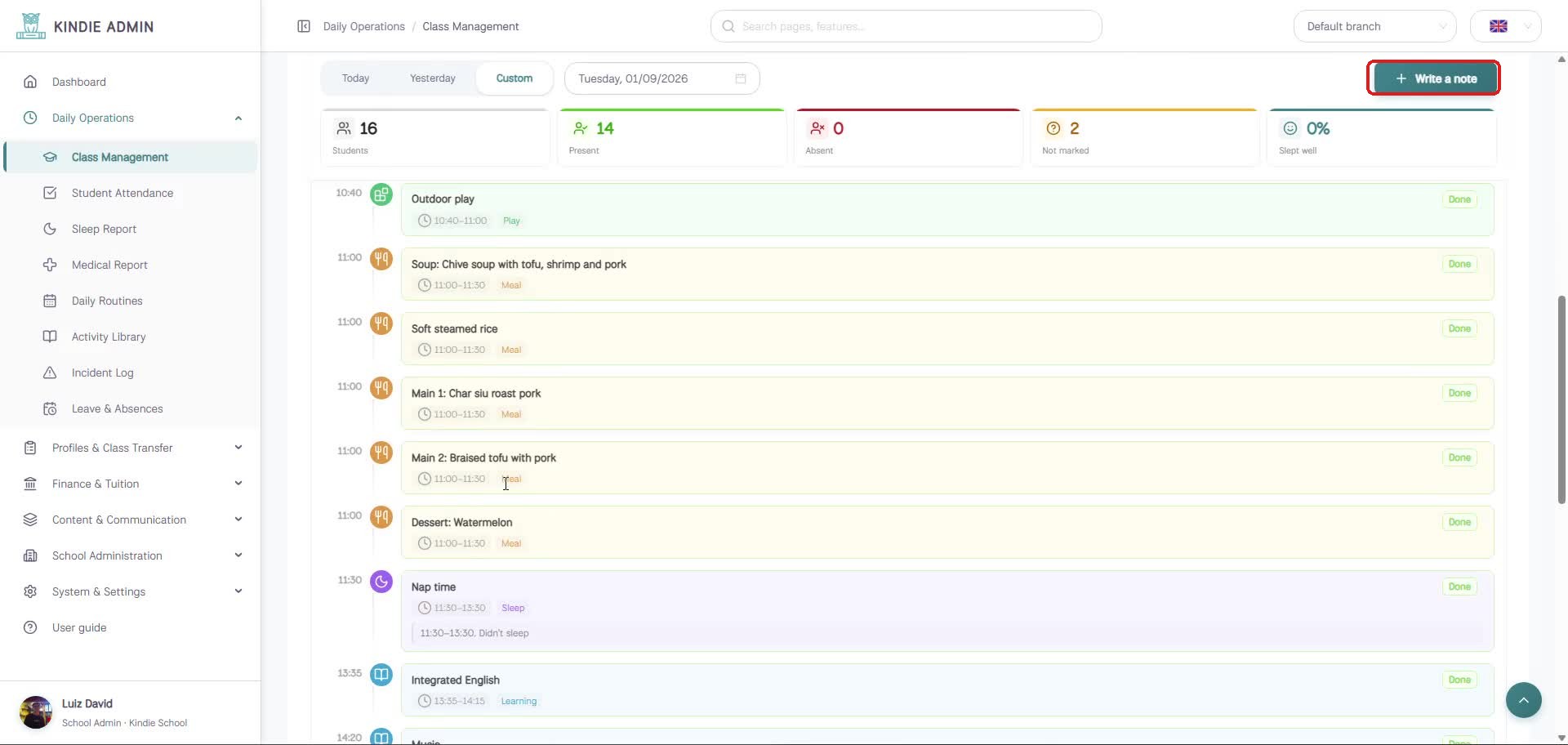 Class Management, Activities tab