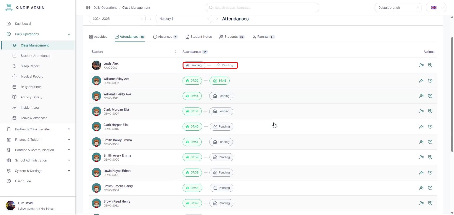 Class Management, Attendances tab