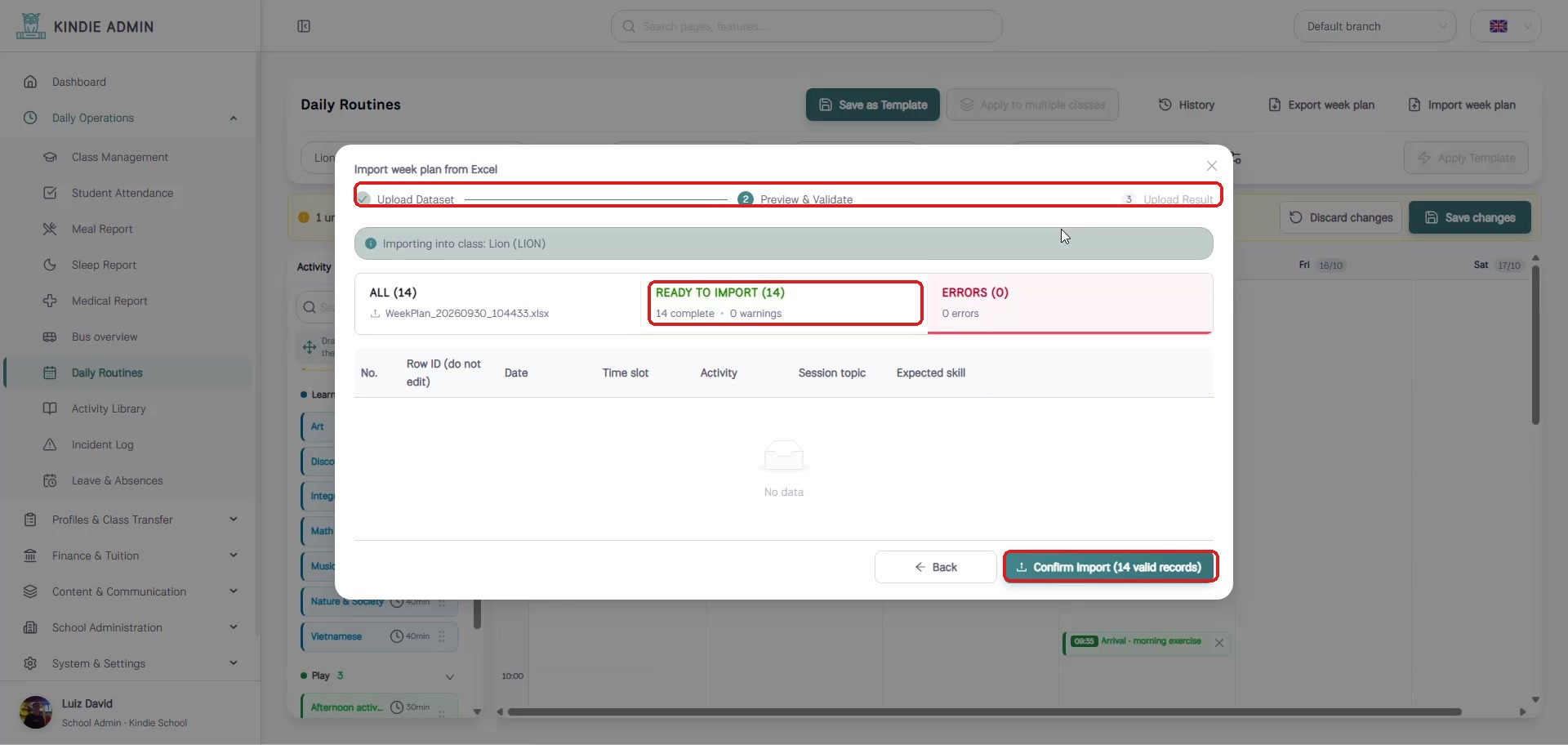 Import week plan from Excel — preview and validate step