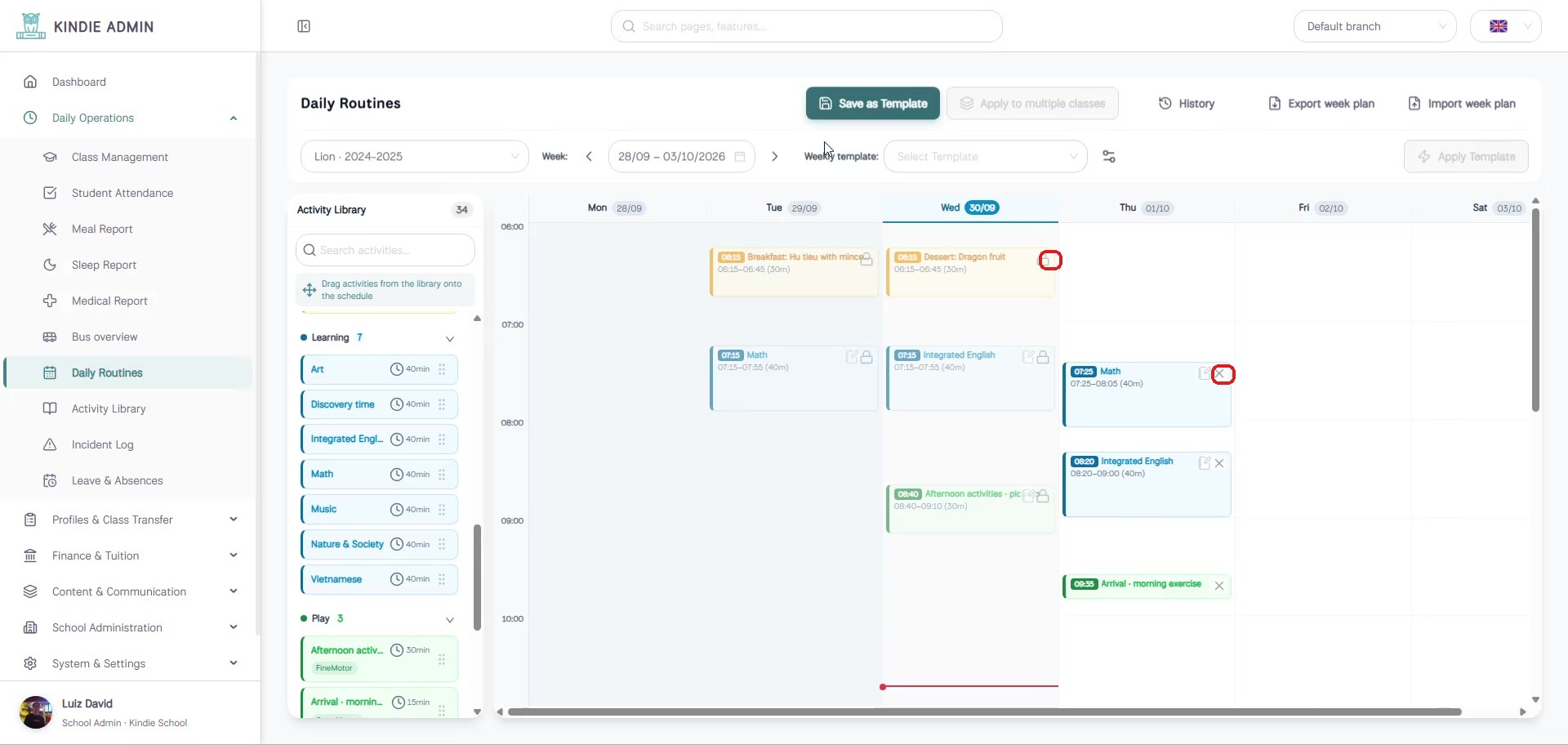 Daily Routines weekly schedule grid