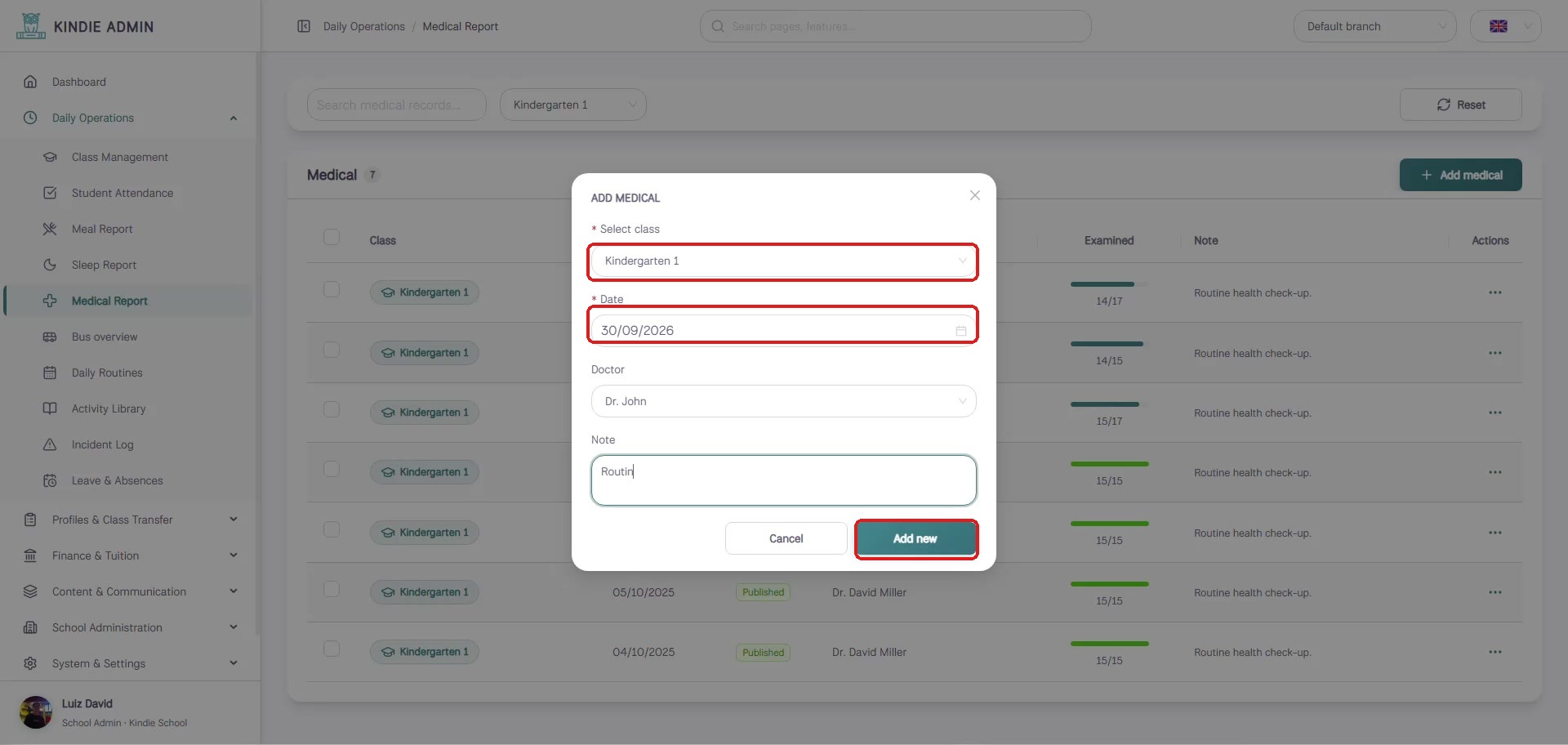 Add Medical dialog