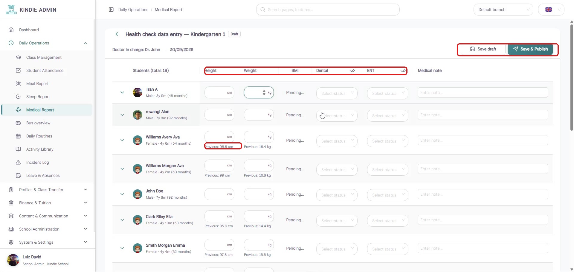 Health check data entry form